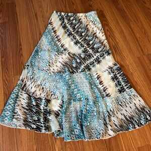 Sara Michelle Ruffle Tiered Blue Brown Patterned‎ Women's Maxi Skirt Size S Y2k